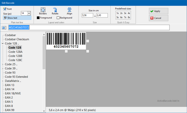 ActiveBarcode: Add-In Barcode Dialog