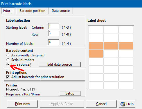 ActiveBarcode: Barcode labels with imported data