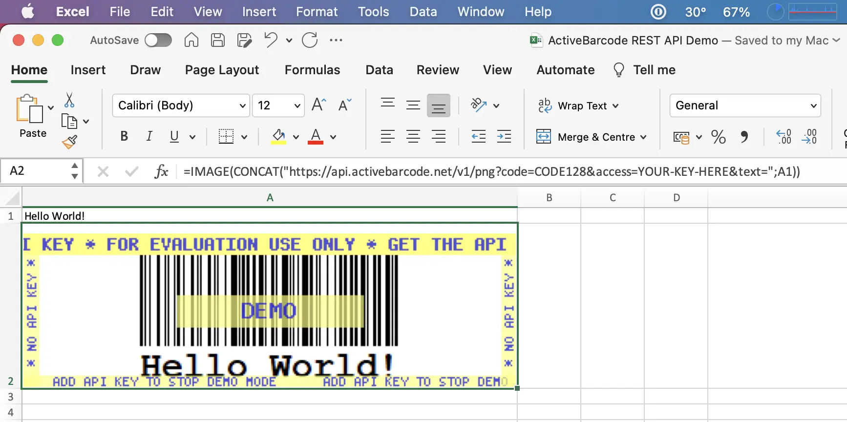 ActiveBarcode: This screenshot shows the resulting barcode in Excel for Mac that encodes the content of cell A1.