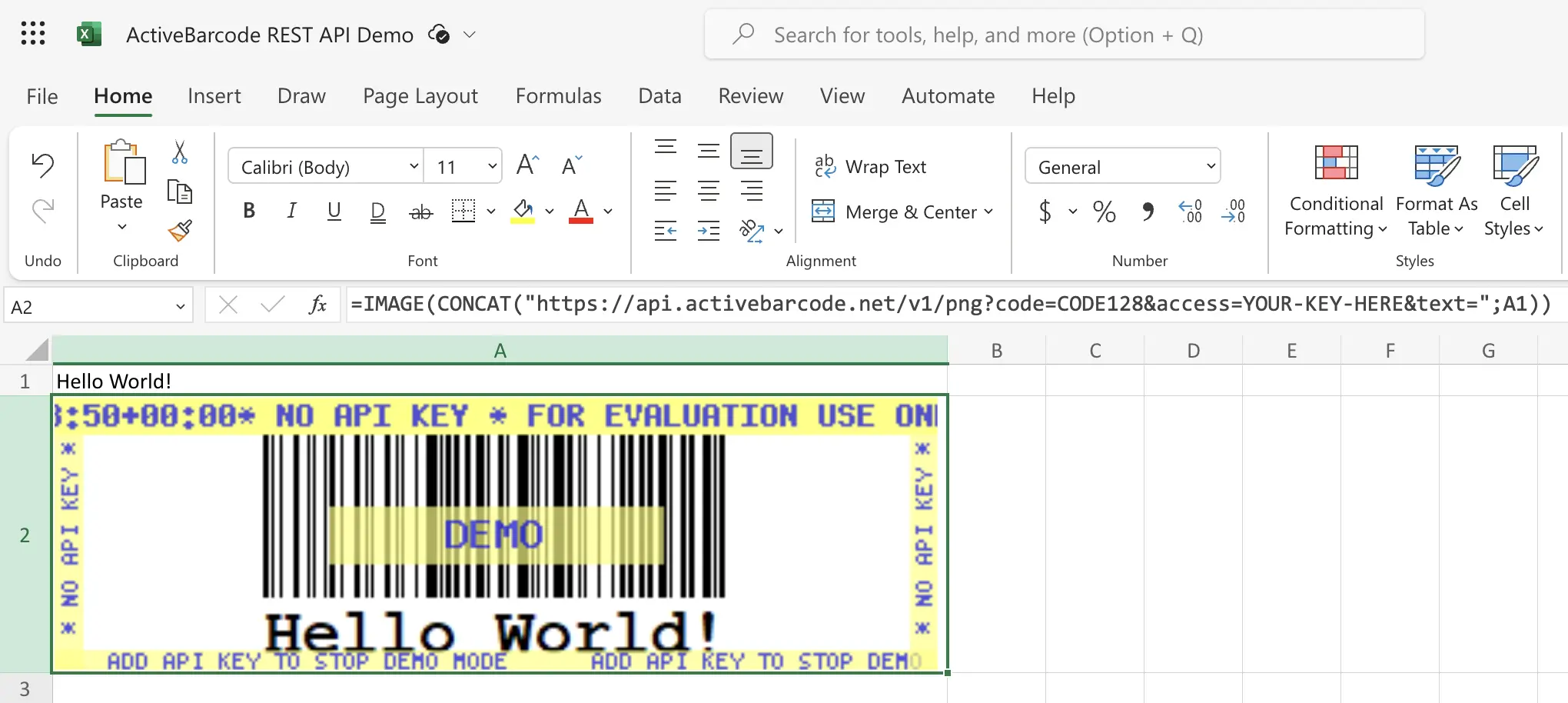 ActiveBarcode: And this screenshot shows the resulting barcode in Excel for Web.