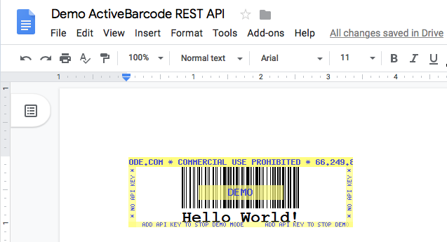 ActiveBarcode: This screenshot shows the resulting barcode in Google Docs when inserting an image with the URL shown above.