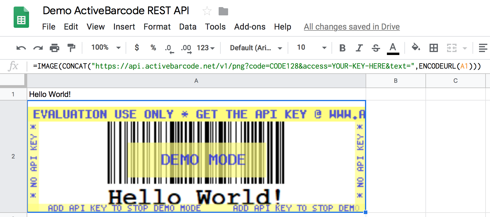 ActiveBarcode: This screenshot shows the resulting barcode in the Google Sheet that encodes the content of cell A1.