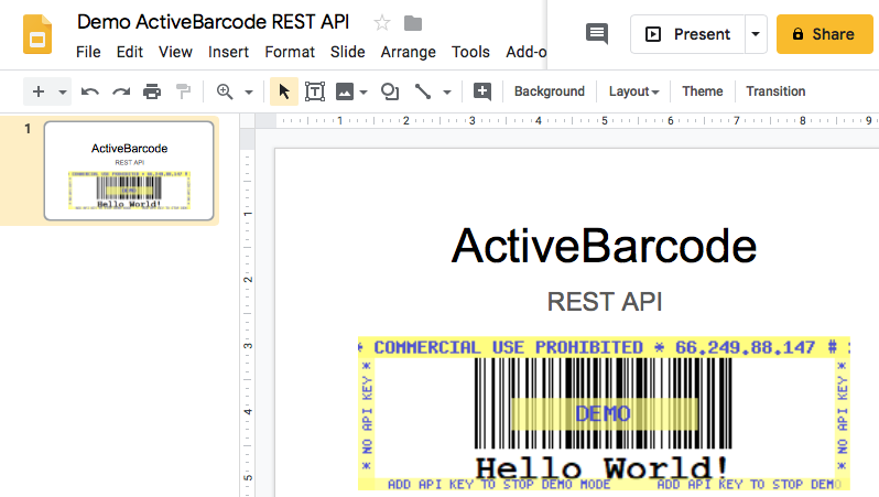 ActiveBarcode: This screenshot shows the resulting barcode in Google Slides when inserting an image with the URL shown above.