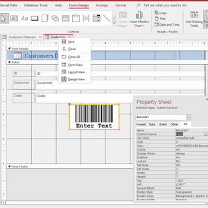 ActiveBarcode: Access Form<br>Barcode object