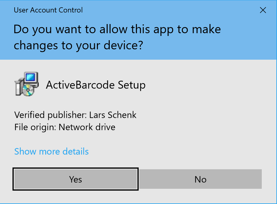 ActiveBarcode: ActiveBarcode Setup User Account Control